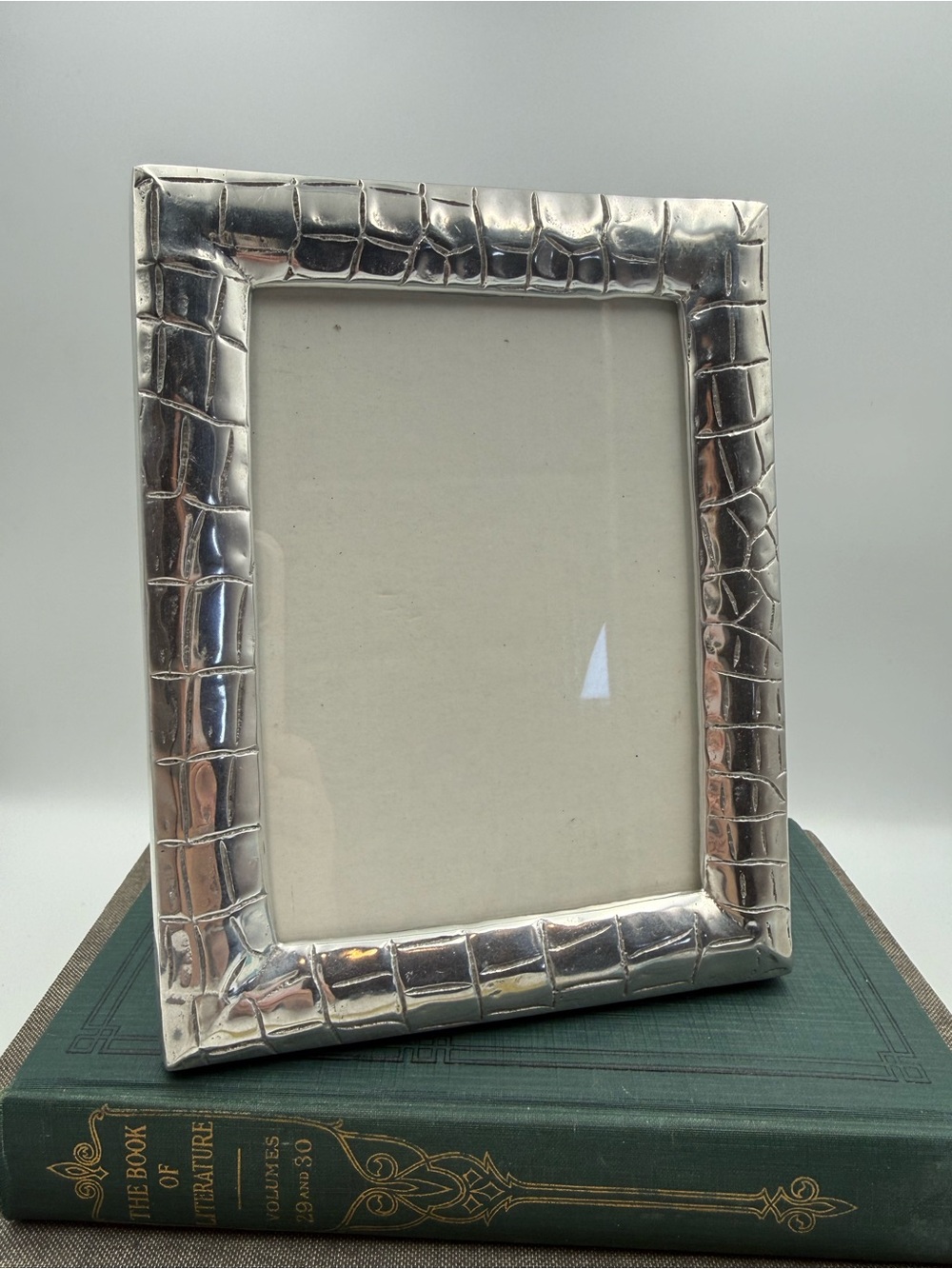Vintage Metal Silver Tone Woven Photo Frame Wooden Backing Made In Mexico